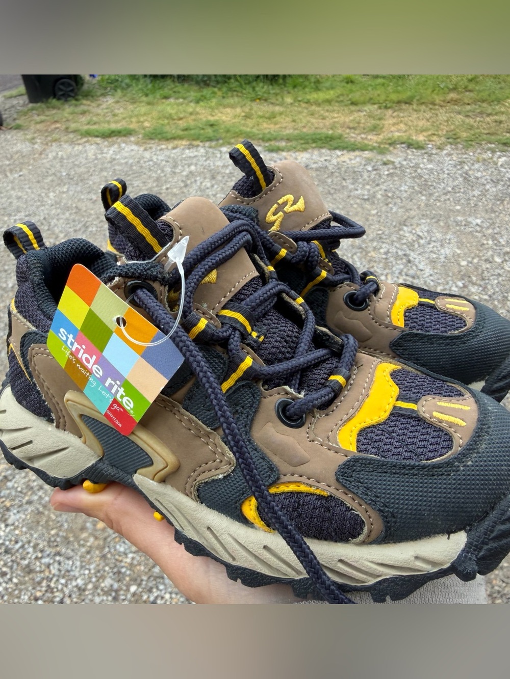 Vintage Stride Rite Brown and Yellow Kids Trail Sneakers. Toddler size 9